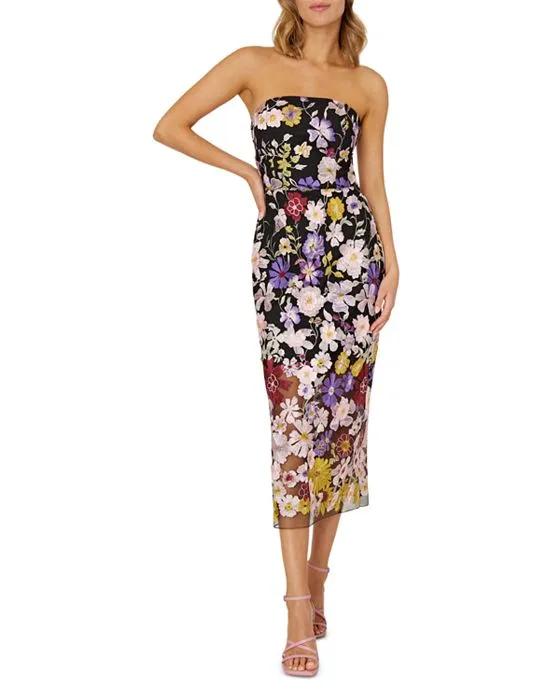Floral Embroidered Mesh Strapless Midi Dress