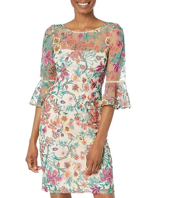 Floral Embroidered Sheath Dress with Bell Sleeves