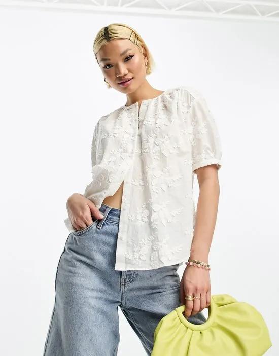 &  floral embroidered short sleeve blouse in white