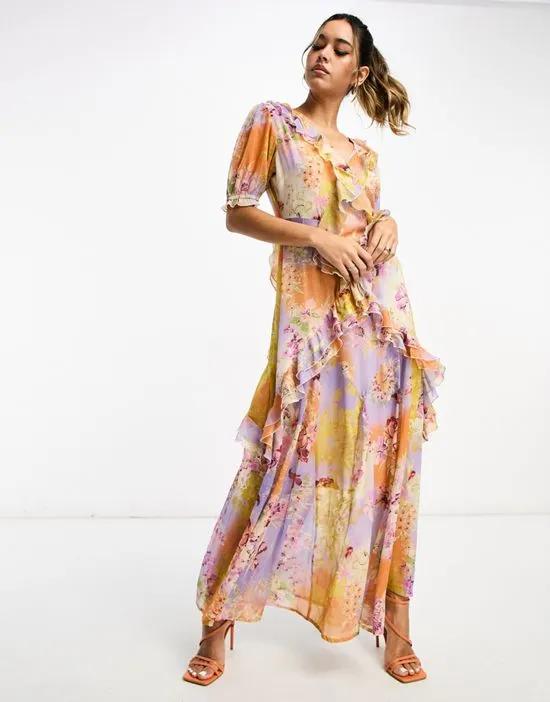 floral frill detail maxi dress in purple