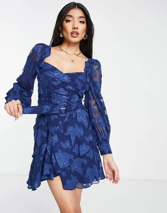 floral jacquard mini dress with ruffle detail and belt in blue
