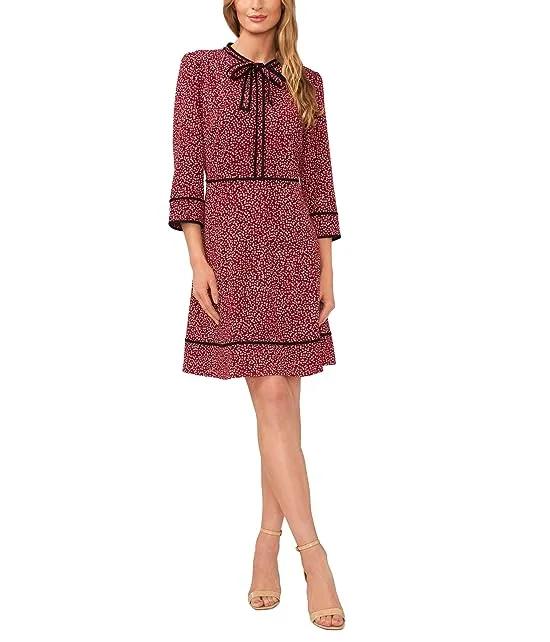Floral Long Sleeve Bow Dress with Detail Piping