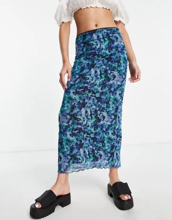 floral mesh midi skirt in blue