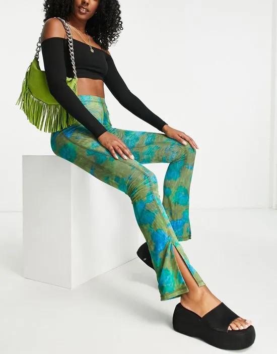 floral mesh seam skinny flare pants with front hem slits in green