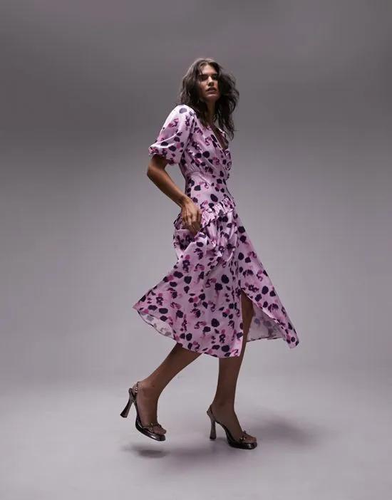 floral midi wrap occasion dress in pink floral print