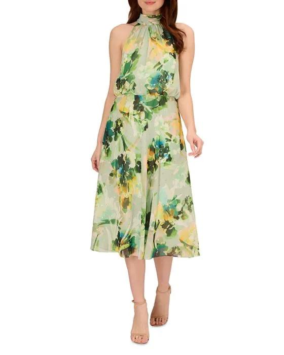 Floral Print Chiffon Halter Blouson Midi Dress  
