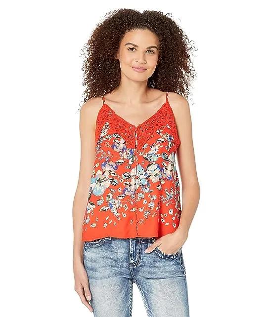 Floral Print Crochet Detailed Button-Up Cami