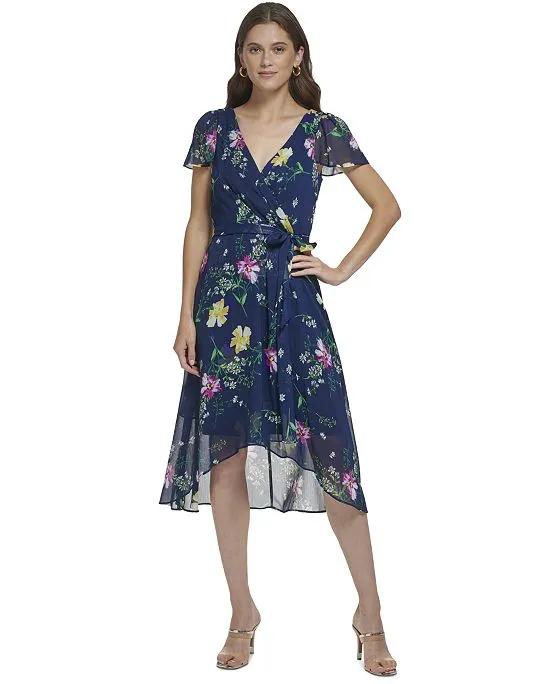 Floral-Print Flutter-Sleeve Asymmetrical Faux-Wrap Dress