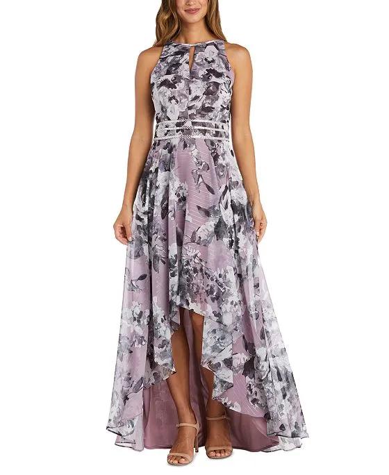 Floral-Print Halter High-Low Gown  