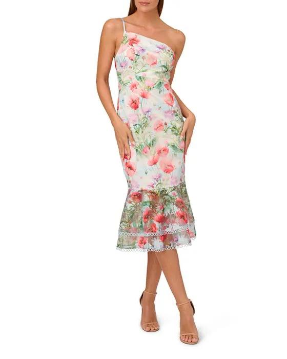 Floral Print One Shoulder Midi Dress