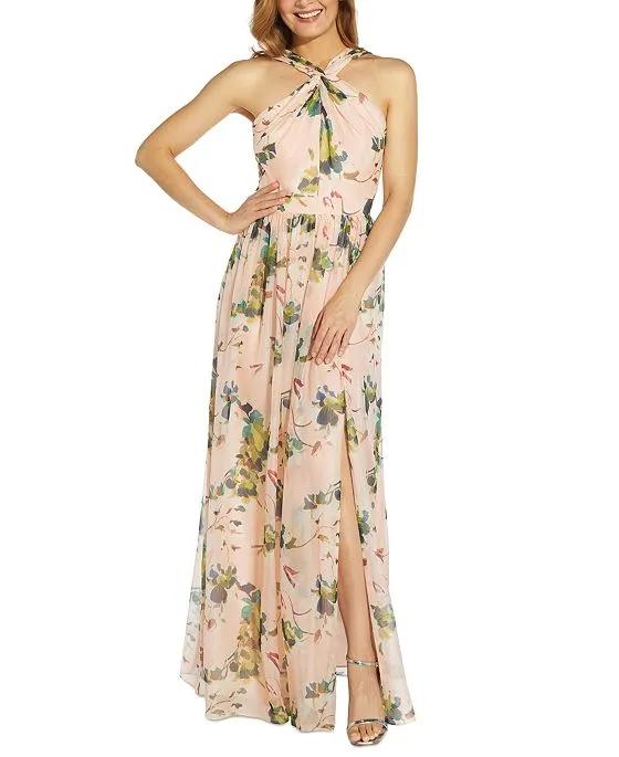 Floral-Print Twist Halter Gown