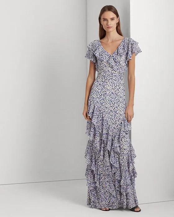 Floral Print V Neck Ruffle Trim Gown 