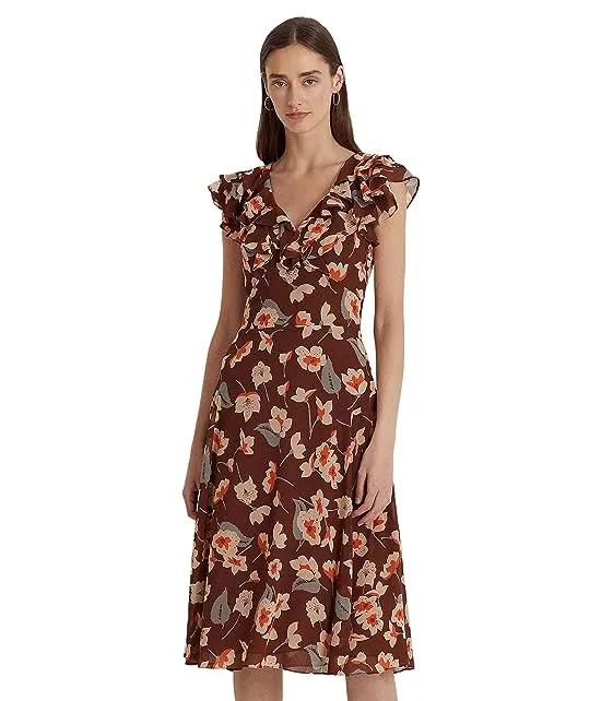 Floral Ruffle-Trim Georgette Dress