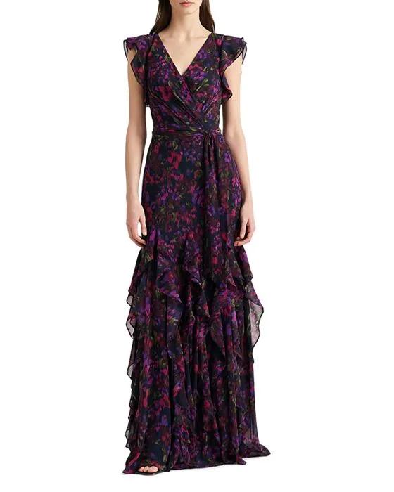 Floral Ruffled Trim Georgette Gown