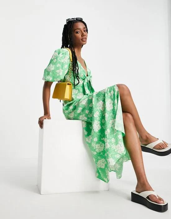 floral tie front midi dress in green