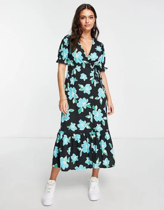 floral wrap front open back midi dress in blue