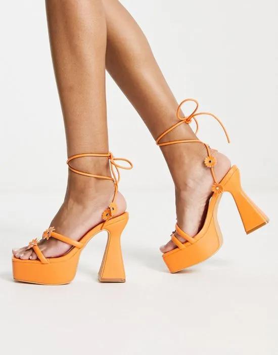 flower platform heeled sandals in orange