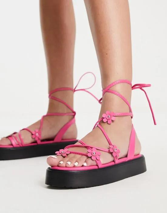 Flower Pot chunky flat sandals with flower trim in pink