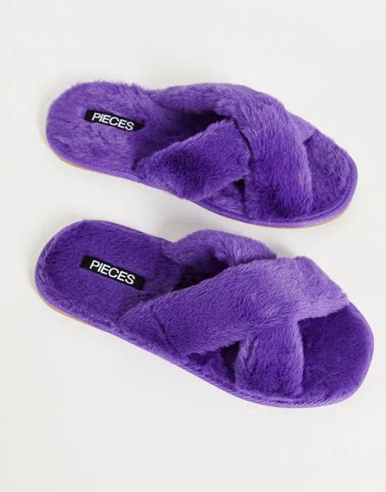 fluffy cross over slippers in purple