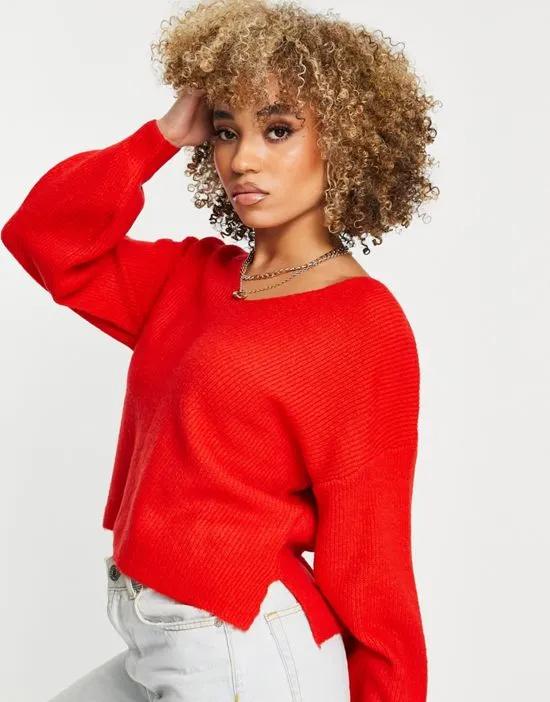 fluffy knit sweater in bright red