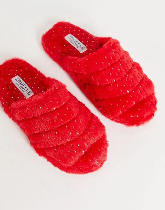 fluffy open toe slipper in red