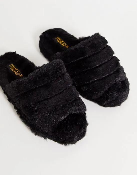 fluffy open toe slippers in black