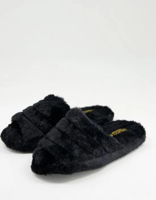 fluffy open toe slippers in black