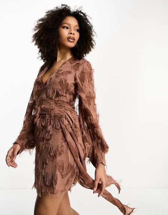 fluffy v neck mini dress with tie waist and tie back detail in brown