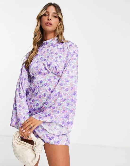 flute sleeve floral mini dress in purple