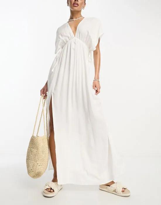 flutter sleeve maxi beach dress with channeled tie waist in white