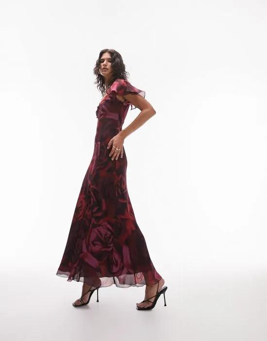 flutter sleeve maxi dress in rose swirl print