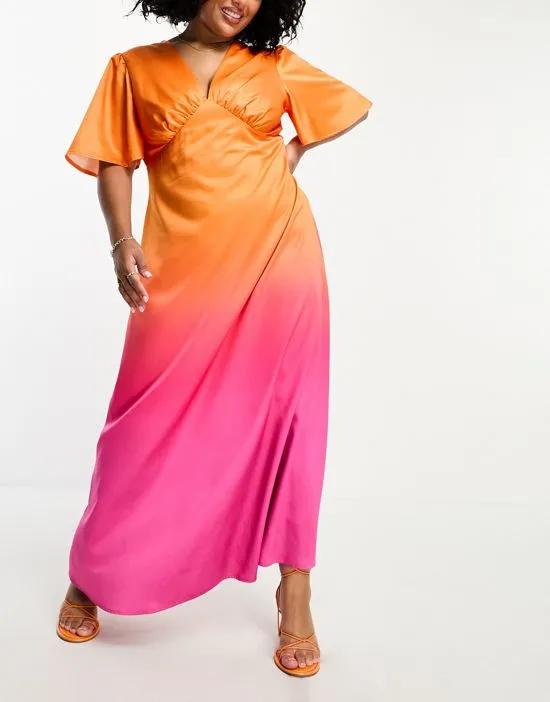 flutter sleeve maxi dress with plunge front in ombre pink and orange
