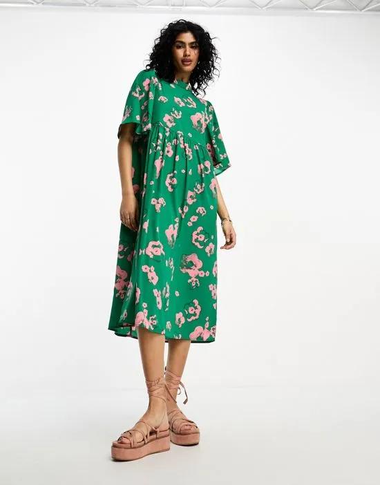 flutter sleeve midi dress in green and pink floral