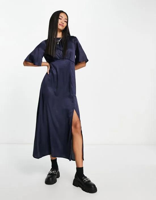 flutter sleeve midi dress with lace trim in dark navy