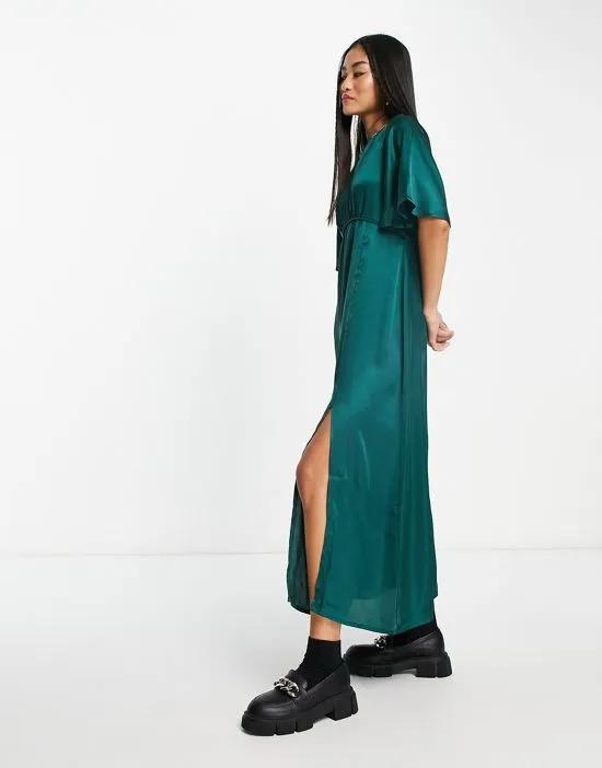flutter sleeve midi dress with lace trim in forest green
