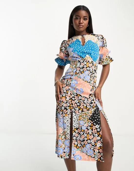 flutter sleeve midi tea dress in mixed floral print