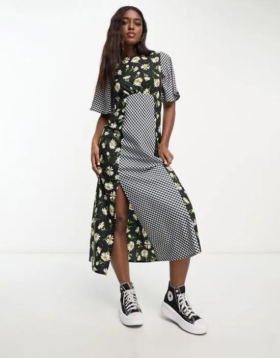 flutter sleeve midi tea dress in mixed gingham floral print
