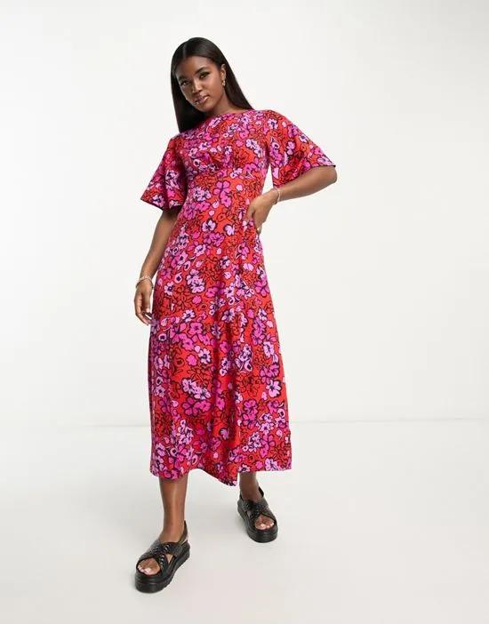 flutter sleeve midi tea dress in red and pink floral