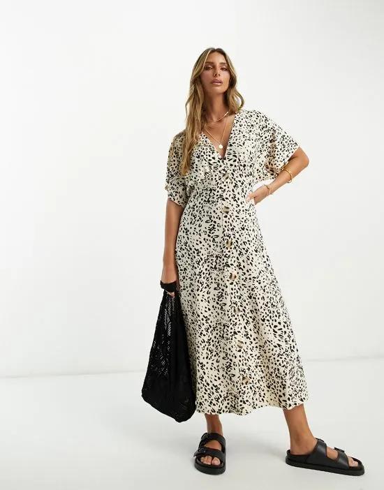 flutter sleeve midi tea dress with buttons in animal