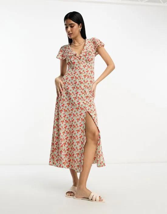 flutter sleeve midi tea dress with buttons in ditsy floral print
