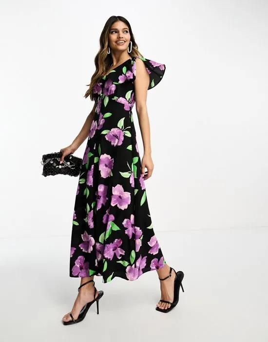 flutter sleeve midi tea dress with buttons in large purple floral print