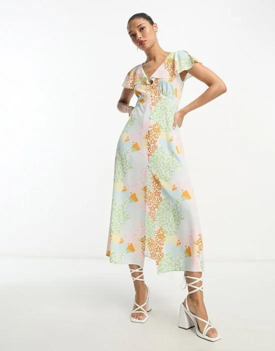 flutter sleeve midi tea dress with buttons in multicolored print