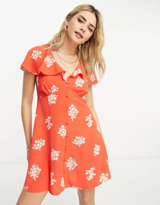 flutter sleeve mini tea dress with buttons in red floral