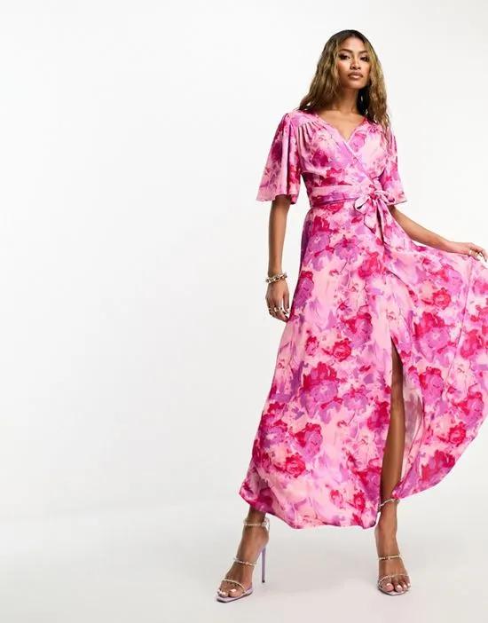 flutter sleeve satin wrap maxi dress in pink print