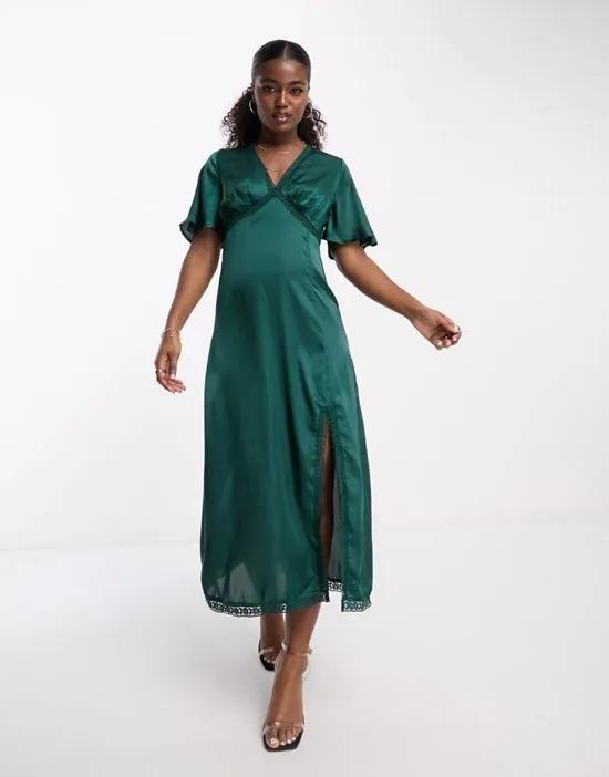 flutter sleeve v neck midi dress with lace trim in forest green