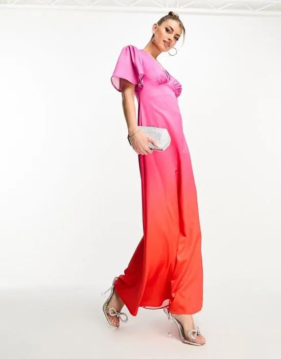 flutter sleeve wrap front maxi dress in ombre pink and red