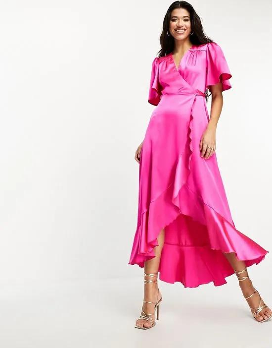 flutter sleeve wrap front satin maxi dress in fuchsia pink