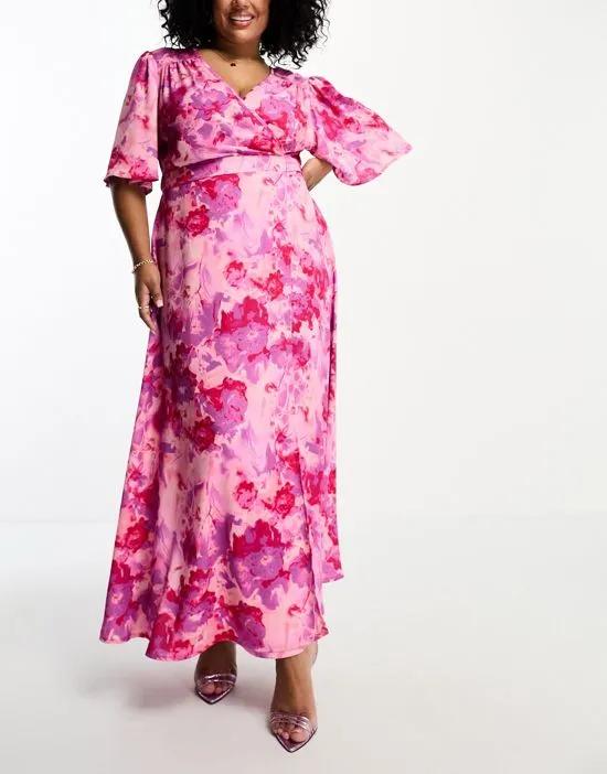 flutter sleeve wrap satin midi dress in pink floral