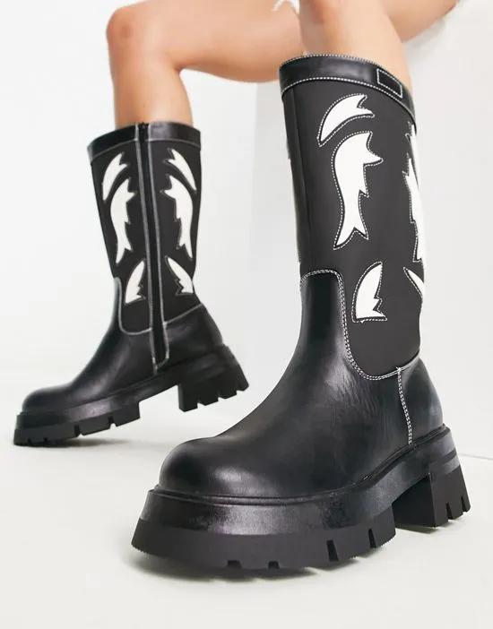 Fly Away chunky flat knee boots with western design