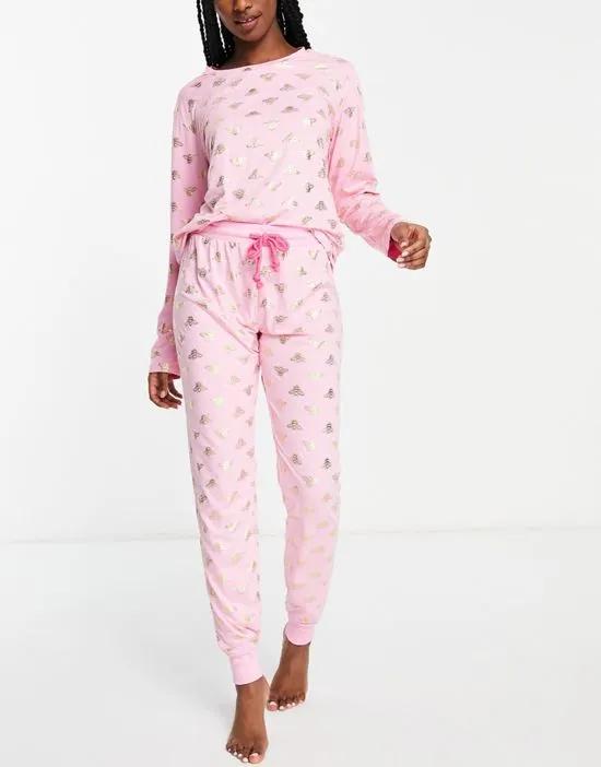 foil bee long pajama set in pink